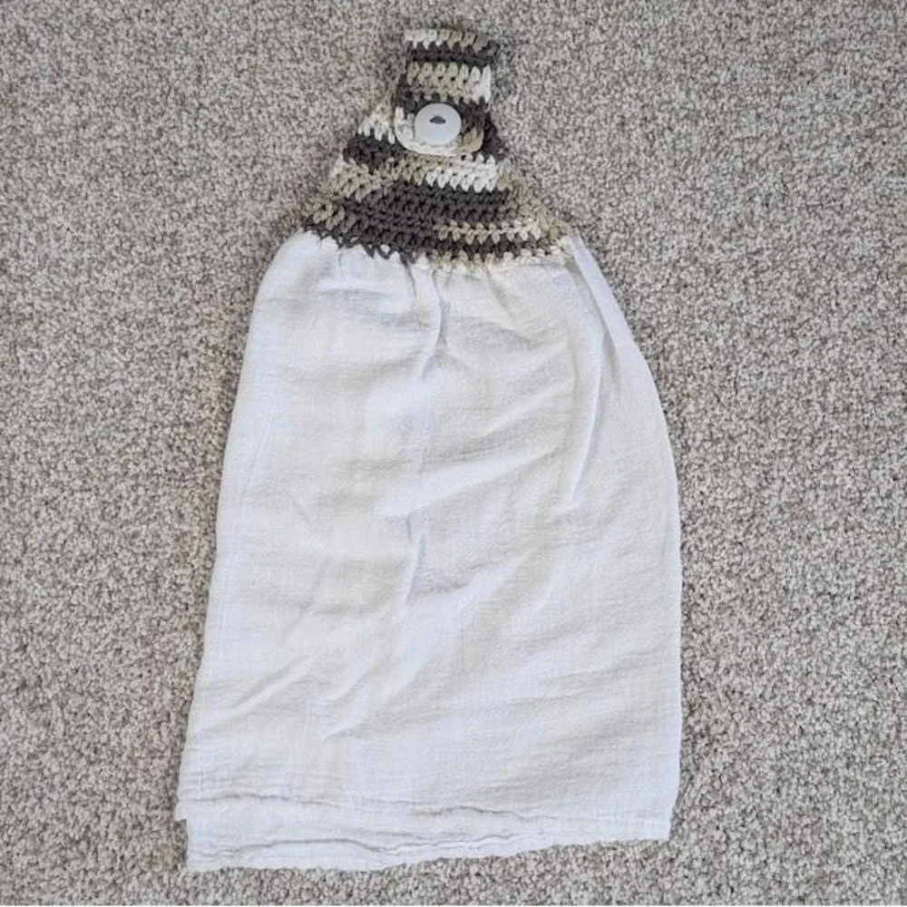 Crocheted Hanging Kitchen Towel with Button Closure - Brown and White